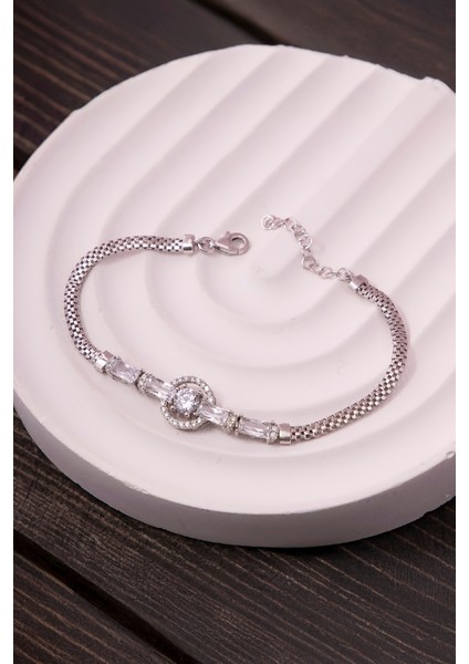 925 Ayar Gümüş Baget Ve Zirkon Taşlı Rodyumlu Circle Bayan Bileklik
