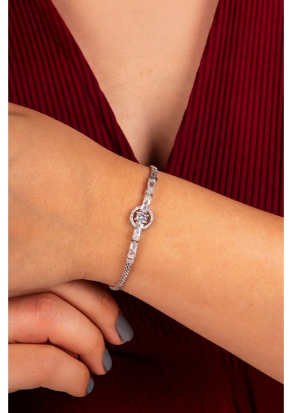 925 Ayar Gümüş Baget Ve Zirkon Taşlı Rodyumlu Circle Bayan Bileklik fiyatları