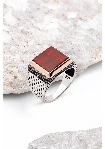 Gümüş Akik Taşlı Zirkon Süslemeli Kare Erkek Yüzük