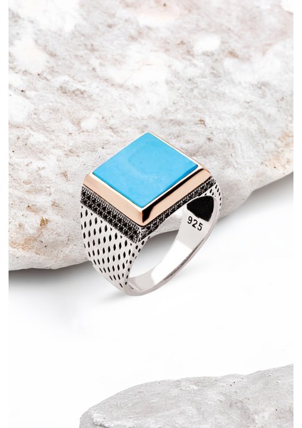 Gümüş Turkuaz Taşlı Zirkon Süslemeli Kare Erkek Yüzük