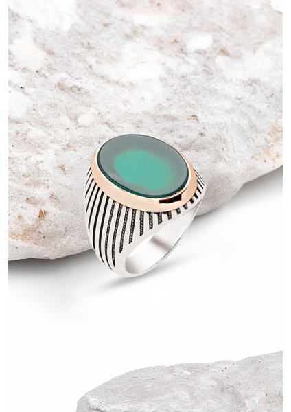 Gümüş Yeşil Akik Taşlı Erkek Yüzük