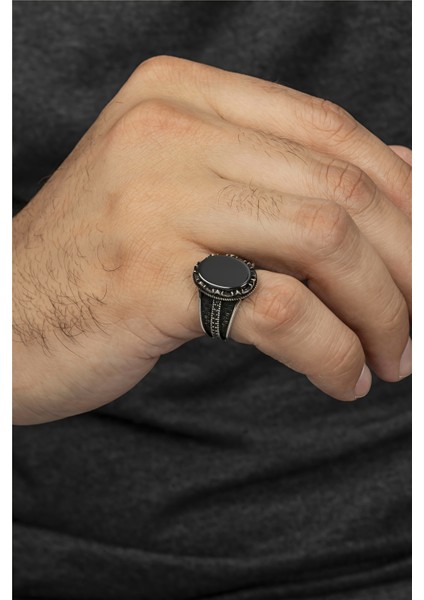 Oniks Taşlı Saçak Motifli Gümüş Serçe Parmak Erkek Yüzük fiyatları