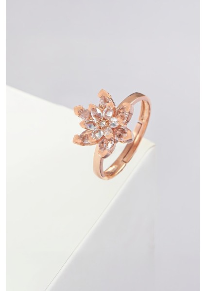 Beyaz Zirkon Taşlı Rose Renk Ayarlanabilir Lotus Gümüş Bayan Yüzük