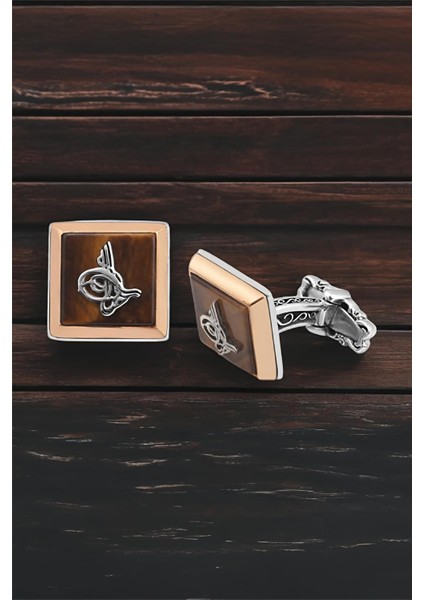 Gümüş Kaplan Gözü Taşlı Osmanlı Tuğralı Kol Düğmesi