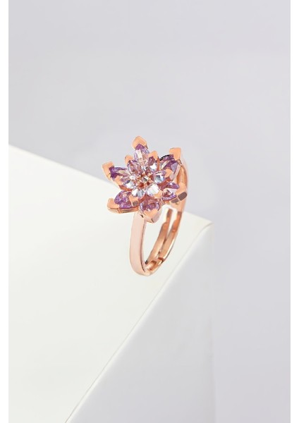 Ametist Taşlı Rose Renk Ayarlanabilir Lotus Gümüş Bayan Yüzük