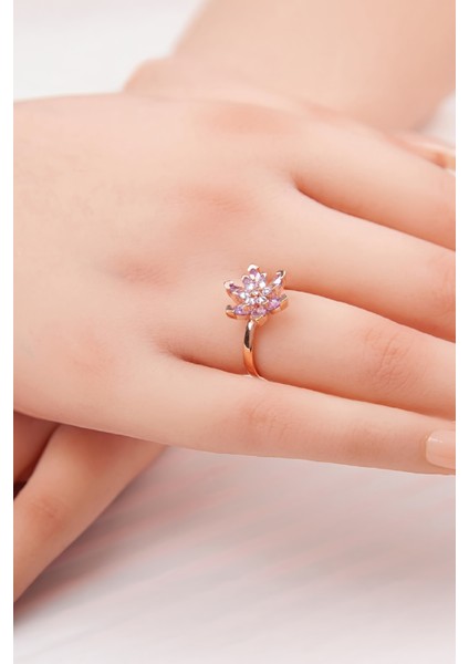 Ametist Taşlı Rose Renk Ayarlanabilir Lotus Gümüş Bayan Yüzük fiyatları