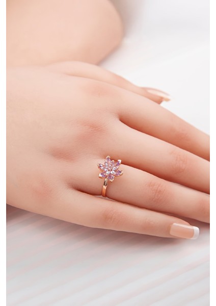 Ametist Taşlı Rose Renk Ayarlanabilir Lotus Gümüş Bayan Yüzük modelleri