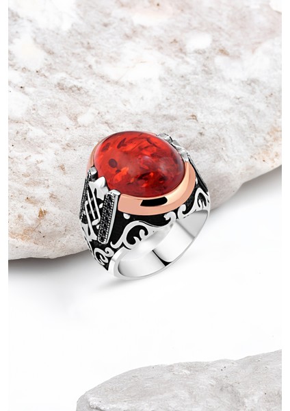 Sentetik Kehribar Kenarları Minik Siyah Zirkon Taşlı Gümüş Erkek Yüzük