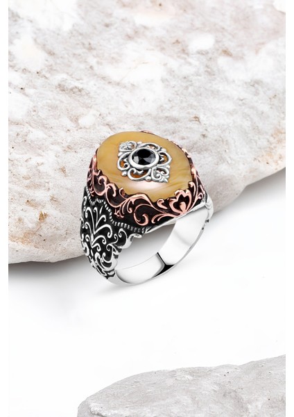 Sentetik Kehribar Gümüş Erkek Yüzük