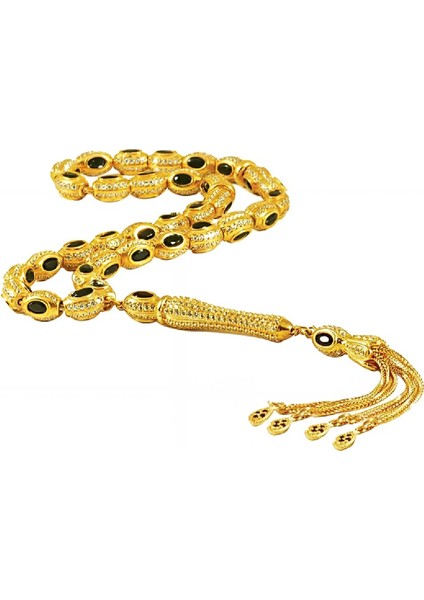 Siyah Zirkon Taşlı Altın Renk Gümüş Tesbih