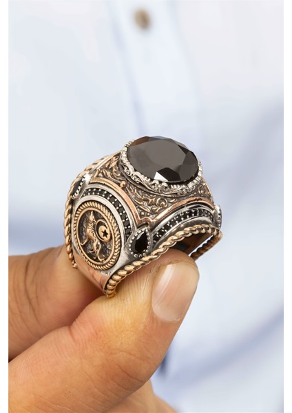 Özel Koleksiyon Siyah Taşlı Kurt Ve Ay Yıldız Motifli İşlemeli Gümüş Erkek Yüzük