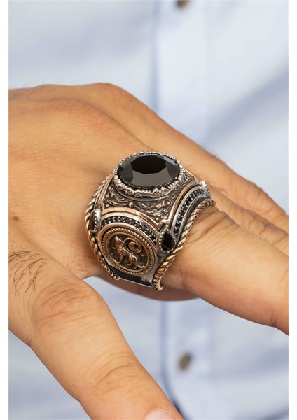 Özel Koleksiyon Siyah Taşlı Kurt Ve Ay Yıldız Motifli İşlemeli Gümüş Erkek Yüzük fiyatları