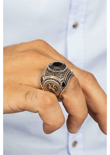 Özel Koleksiyon Siyah Taşlı Kurt Ve Ay Yıldız Motifli İşlemeli Gümüş Erkek Yüzük modelleri