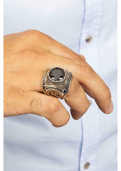 Özel Koleksiyon Siyah Taşlı Kurt Ve Ay Yıldız Motifli İşlemeli Gümüş Erkek Yüzük fırsatları