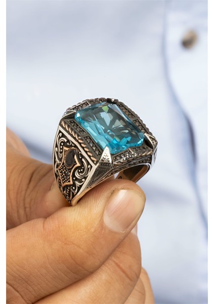 Aqua Taşlı Desenli Otantik Gümüş Erkek Yüzük