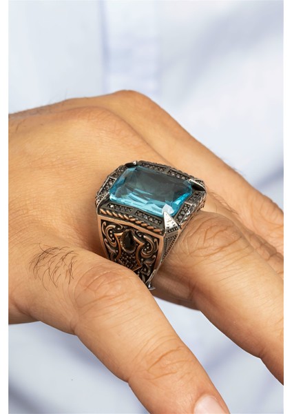 Aqua Taşlı Desenli Otantik Gümüş Erkek Yüzük fiyatları