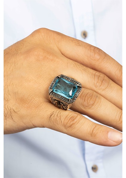 Aqua Taşlı Desenli Otantik Gümüş Erkek Yüzük modelleri