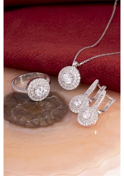 925 Ayar Gümüş Rodyumlu Full Zirkon Taşlı Yuvarlak Bayan Takı Seti