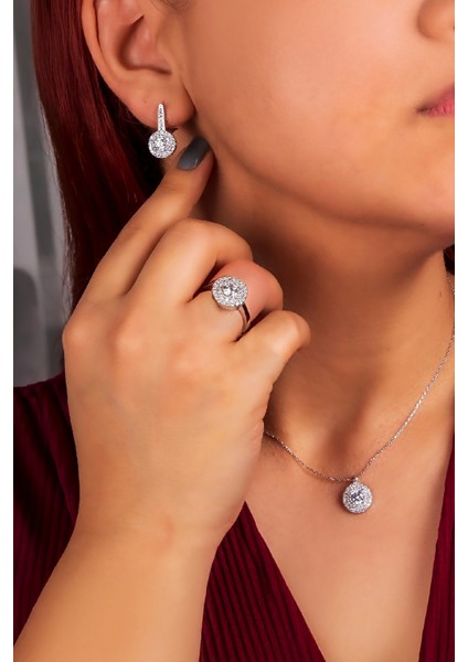 925 Ayar Gümüş Rodyumlu Full Zirkon Taşlı Yuvarlak Bayan Takı Seti fiyatları