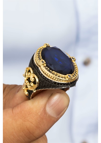 Lacivert Taşlı Altın Kaplama Otantik Gümüş Erkek Yüzük