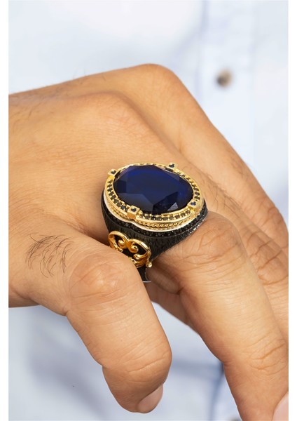Lacivert Taşlı Altın Kaplama Otantik Gümüş Erkek Yüzük fiyatları