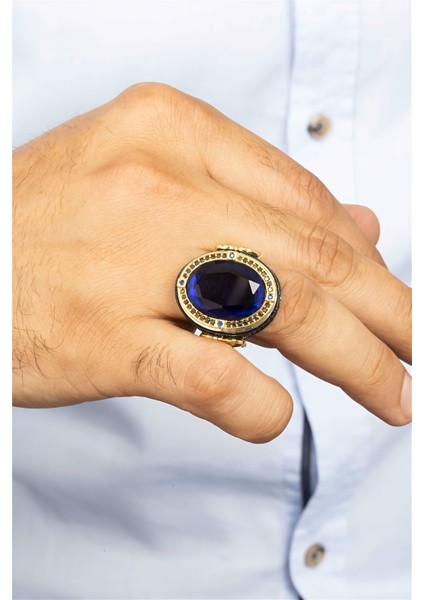 Lacivert Taşlı Altın Kaplama Otantik Gümüş Erkek Yüzük modelleri