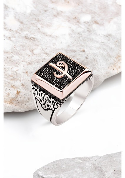 Gümüş Siyah Zirkon Taşlı Elif Vav Erkek Yüzük