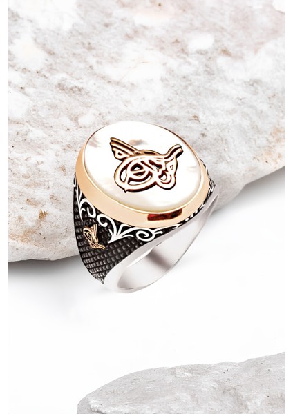 Gümüş Sedef Taş Üzeri Osmanlı Tuğralı Erkek Yüzük