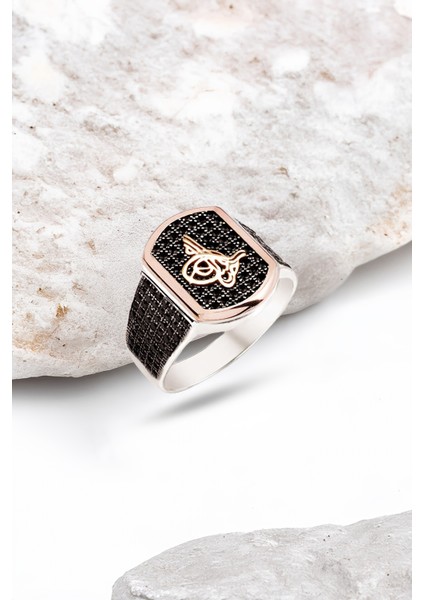 Gümüş Siyah Zirkon Taşlı Tuğralı Erkek Yüzük