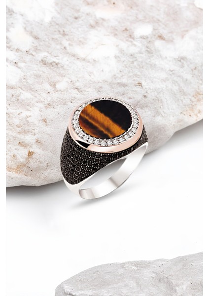 Gümüş Kaplan Gözü Taşlı İşlemeli Erkek Yüzük