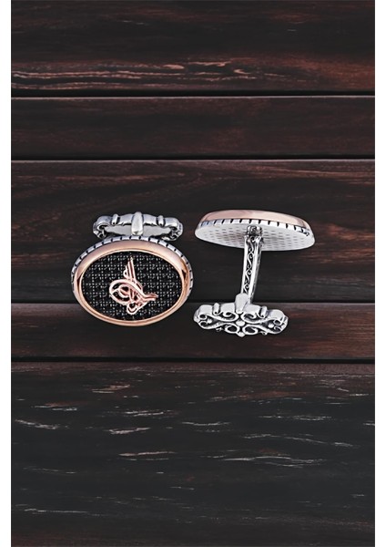 Gümüş Siyah Zirkon Taşlı Osmanlı Tuğralı Oval Kol Düğmesi