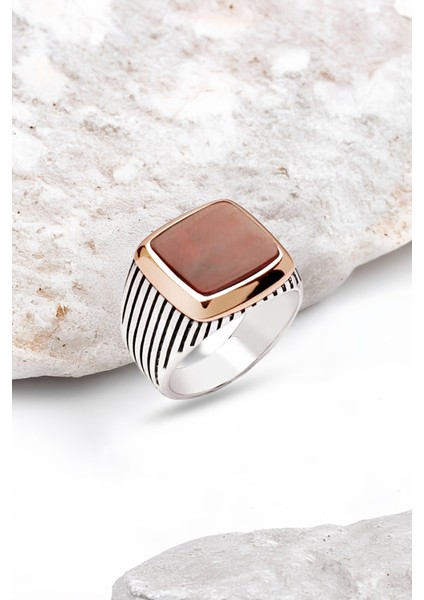 Gümüş Akik Taşlı Çizgili Kasalı Erkek Yüzük