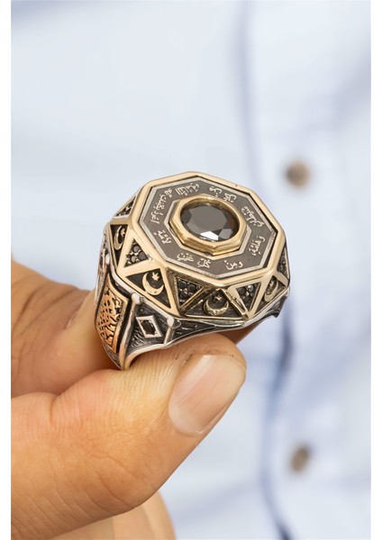 Özel Koleksiyon Ay Yıldız Motifli Korunma Duası Gümüş Erkek Yüzük