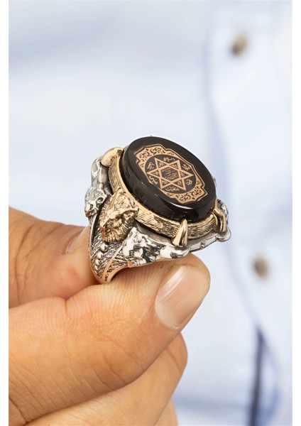Özel Koleksiyon Hz. Süleyman Mührü Ve Aslan Motifli Gümüş Erkek Yüzük