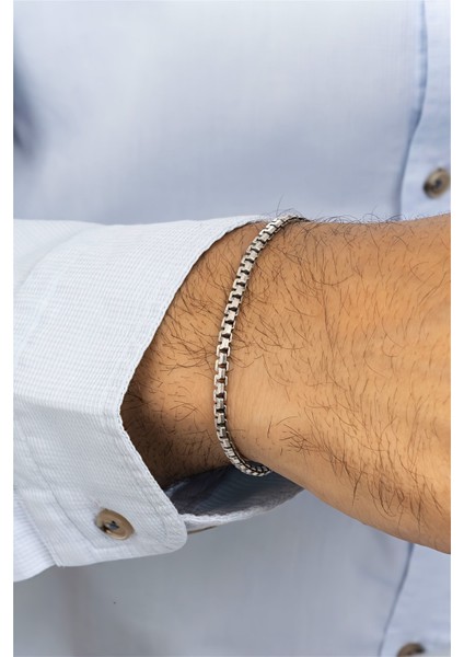 Antik Kare Zincir Gümüş Erkek Bileklik