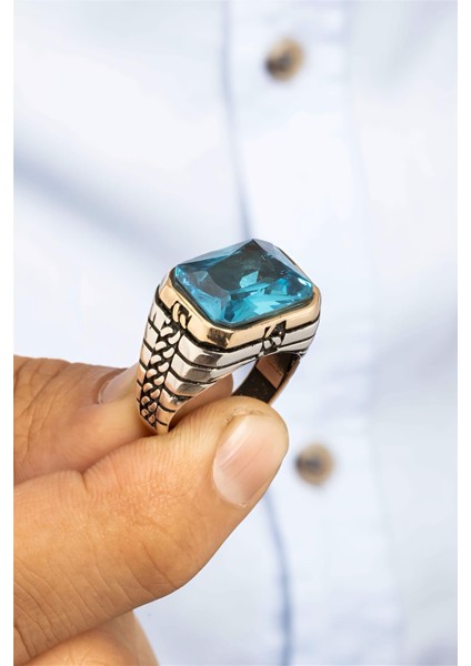 Dikdörtgen Aqua Taşlı Zincir Desenli Gümüş Erkek Yüzük