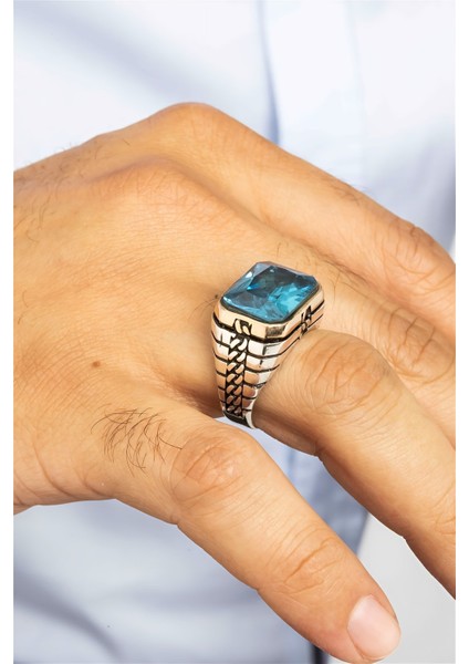 Dikdörtgen Aqua Taşlı Zincir Desenli Gümüş Erkek Yüzük fiyatları