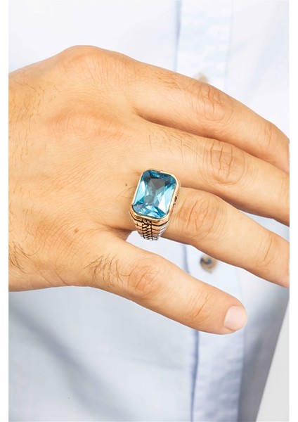 Dikdörtgen Aqua Taşlı Zincir Desenli Gümüş Erkek Yüzük modelleri