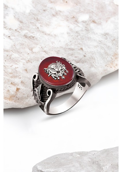 Gümüş Akik Taş Üstü Armalı Erkek Yüzük