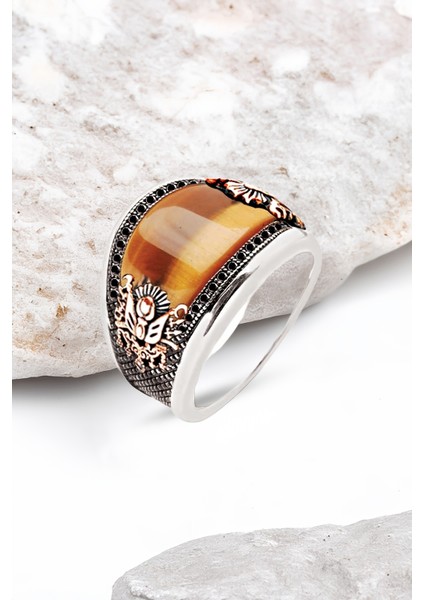 ​​Gümüş Özel Kesim Kaplan Gözü Taşlı Zirkon İşlemeli Erkek Yüzük