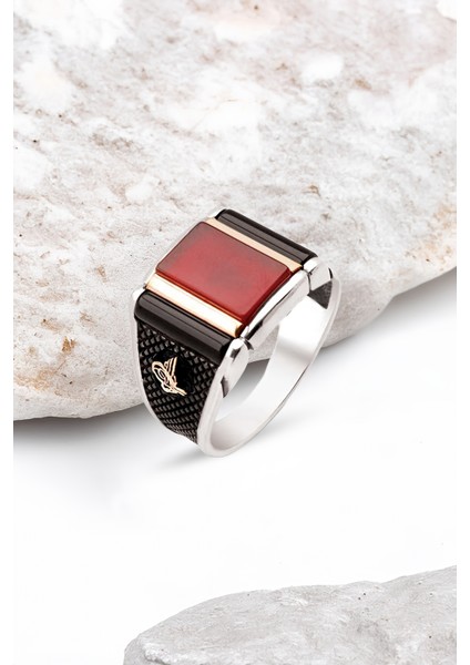 Gümüş Özel Kesim Taşlı Kenarları Tuğralı Erkek Yüzük