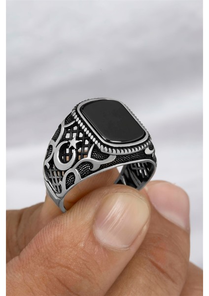 Ay Yıldız Motifli Gümüş Erkek Yüzük