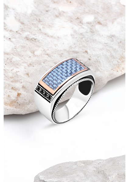 Üzeri Karbonlu Kenarı Minik Siyah Zirkon Taşlı Gümüş Erkek Yüzük