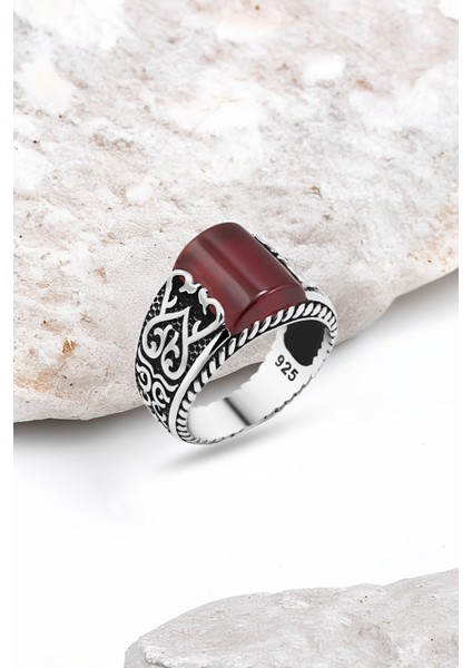 Kırmızı Akik Taşlı Gümüş Erkek Yüzük