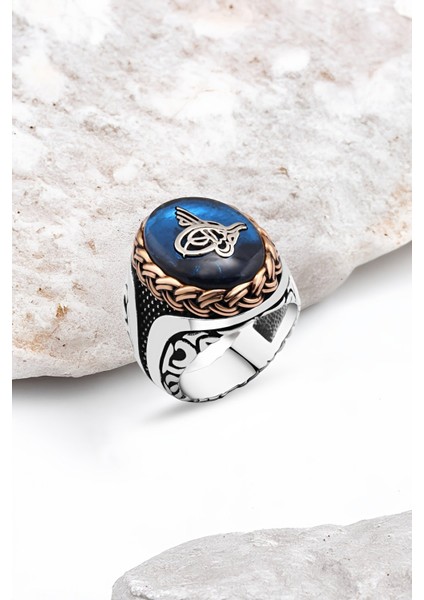 Sentetik Mavi Kehribar Tuğralı Gümüş Erkek Yüzük