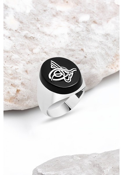 Onix Taşlı Tuğralı Gümüş Erkek Yüzük