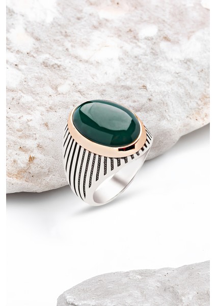 Gümüş Yeşil Kapşon Taşlı Erkek Yüzük