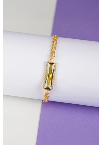 Sitrin Taşlı Altın Kaplama 925 Ayar Gümüş Bayan Bileklik