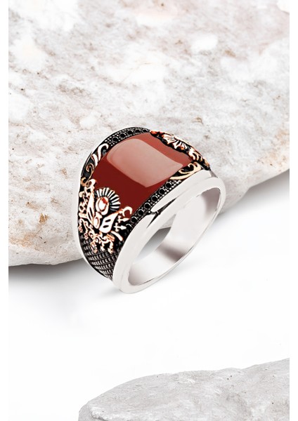 Gümüş Özel Kesim Akik Osmanlı Armalı Erkek Yüzük