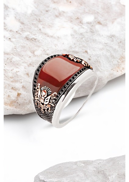 Gümüş Özel Kesim Akik Kenarları Siyah Zirkon İşlemeli Erkek Yüzük